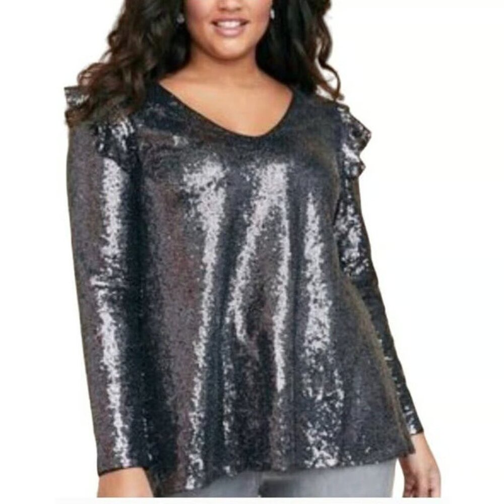 Lane Bryant Sequin Blouse 22 Black Ruffle Cold Shoulder Long Sleeve‎ Top Women's